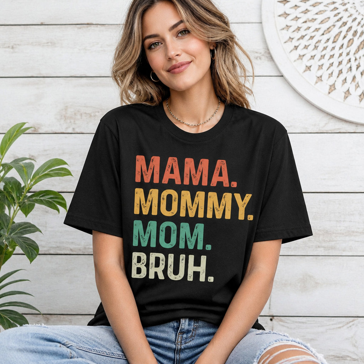 T-shirt with stacked text reading ma, mama, mom, mommy in clean typography