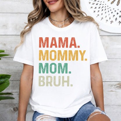 T-shirt with stacked text reading ma, mama, mom, mommy in clean typography