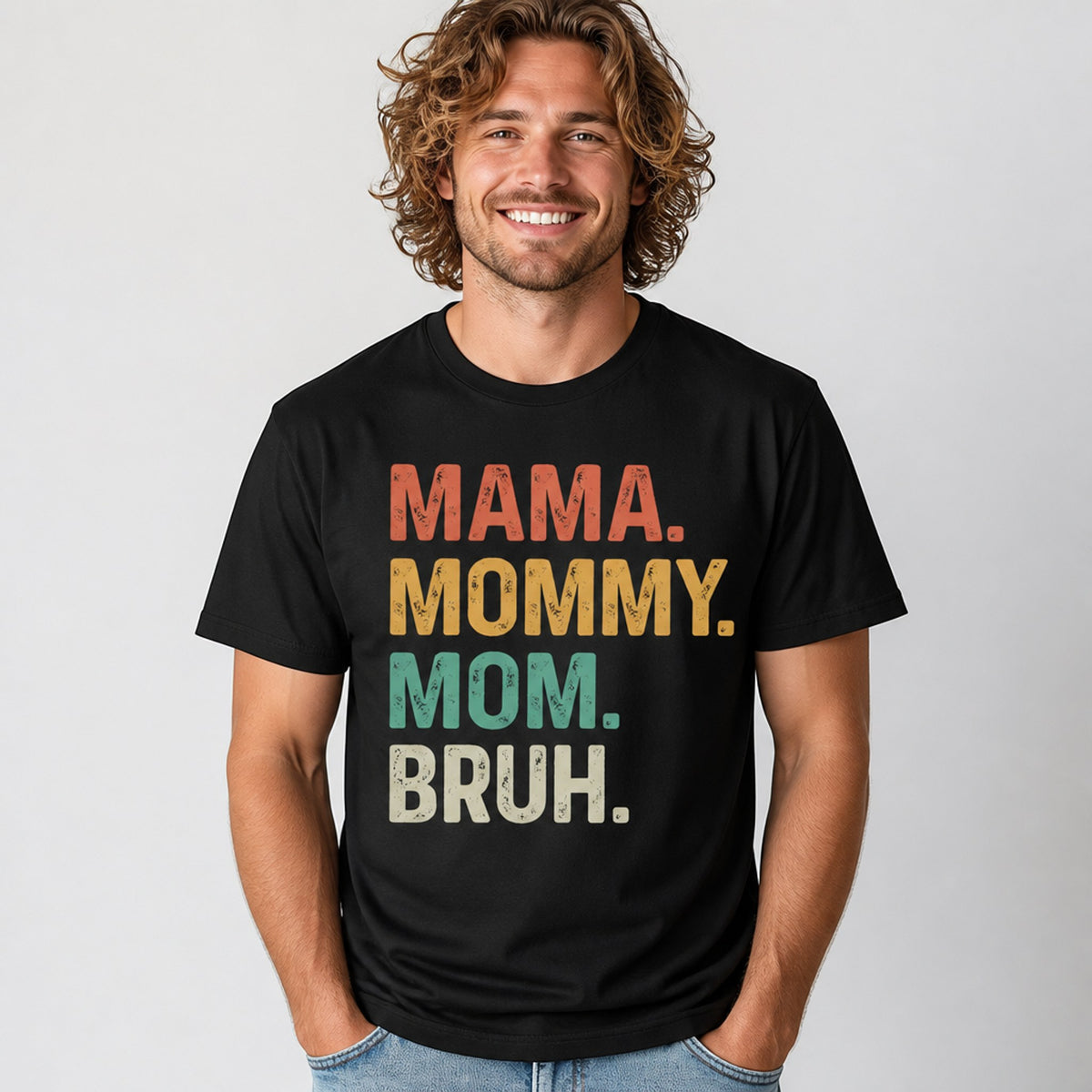 T-shirt with stacked text reading ma, mama, mom, mommy in clean typography