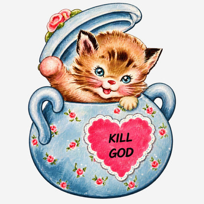 Mischievous kitten popping from decorative teacup with heart, hand-drawn edgy line art on a t-shirt