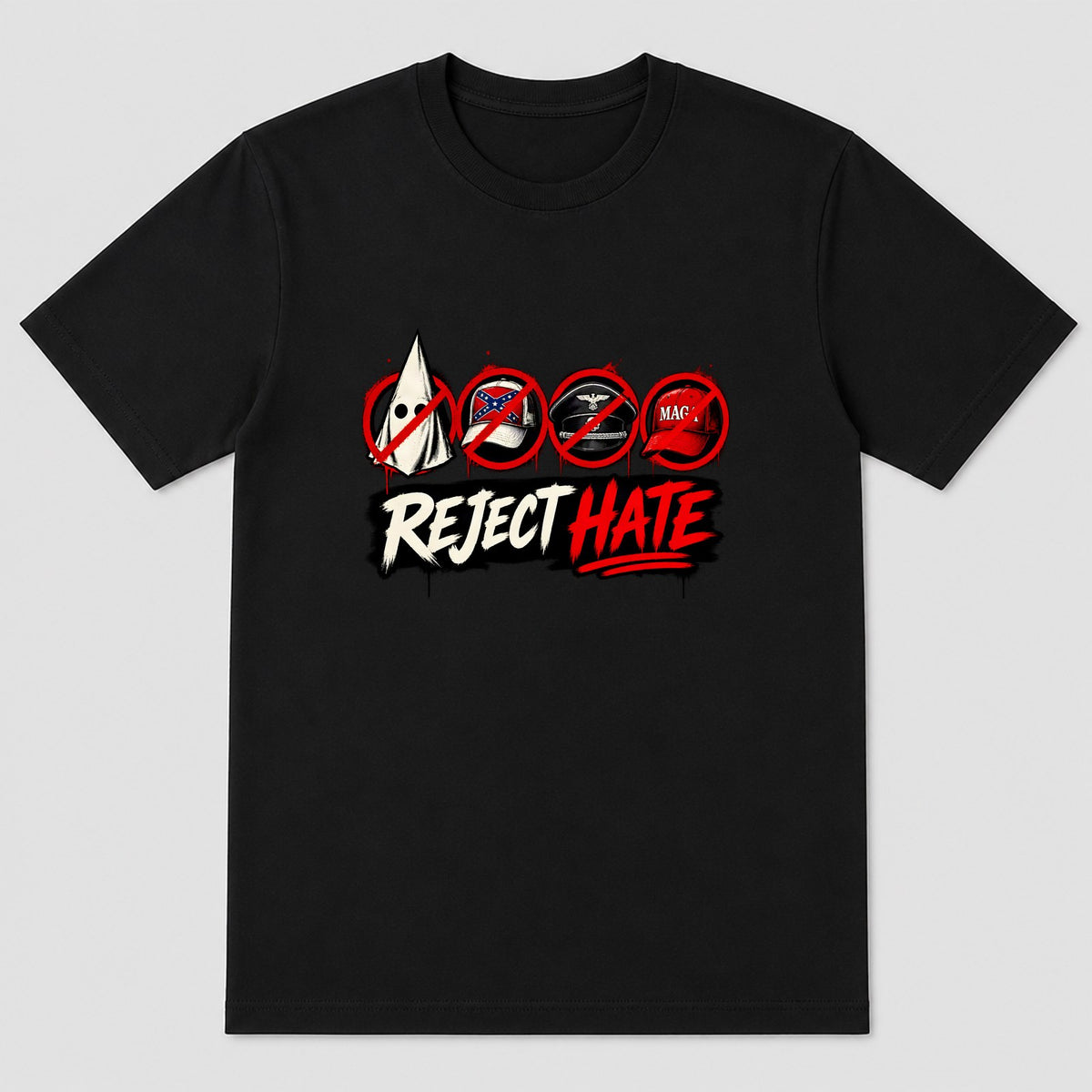 T-shirt reading 'SAME SHIT DIFFERENT HAT' with graphics of a KKK hood, Confederate hat, Nazi cap and MAGA hat criticizin