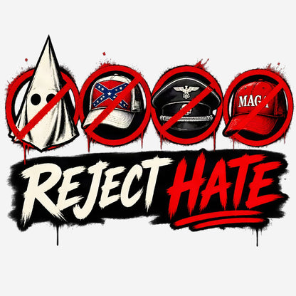 T-shirt reading 'SAME SHIT DIFFERENT HAT' with graphics of a KKK hood, Confederate hat, Nazi cap and MAGA hat criticizin