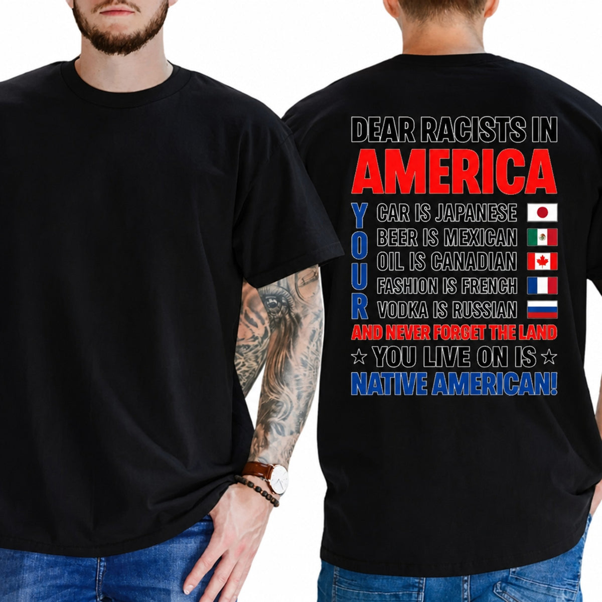 T-shirt reading 'RACISM IS NOT PATRIOTISM' with stylized flag graphics in bold typography