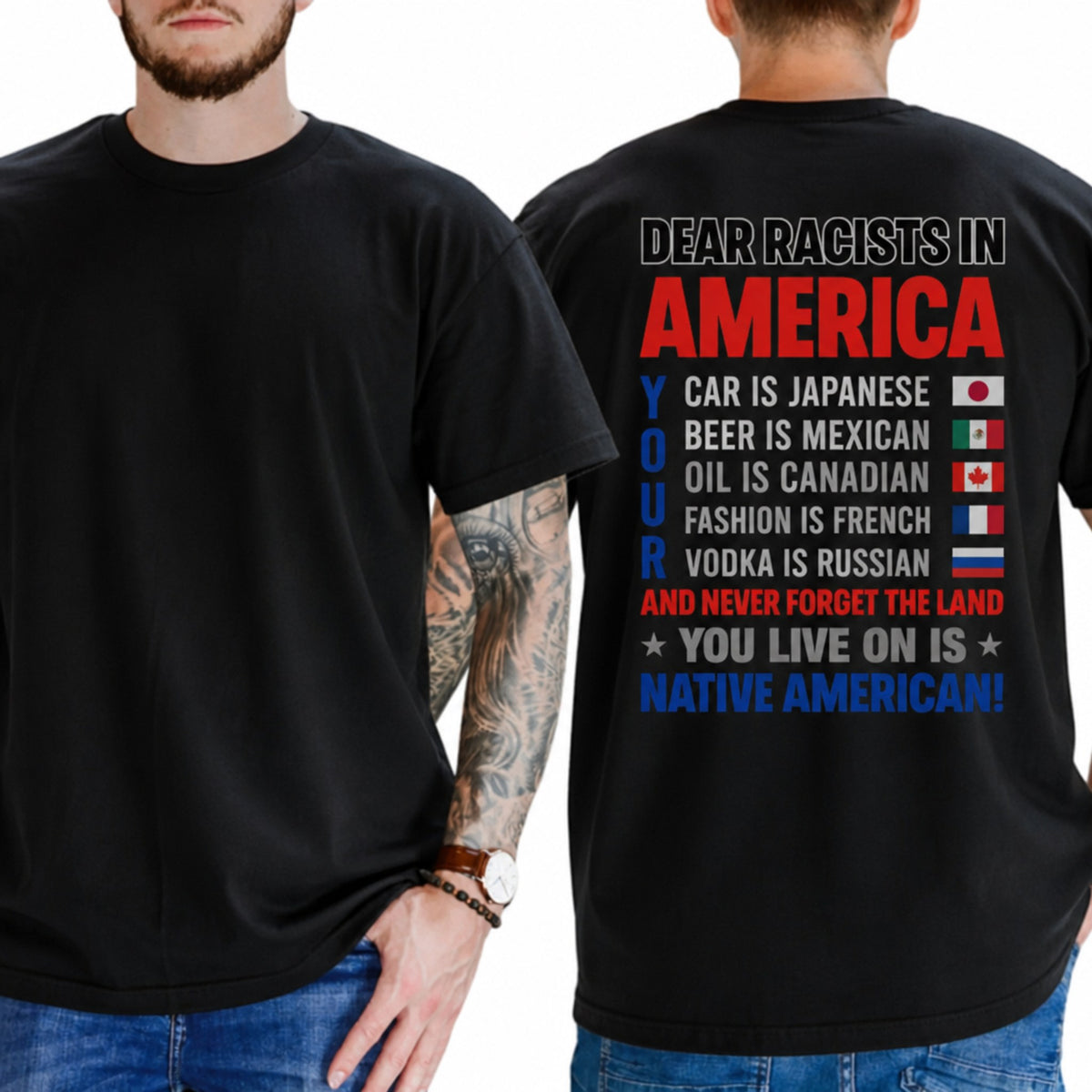 T-shirt reading 'RACISM IS NOT PATRIOTISM' with stylized flag graphics in bold typography