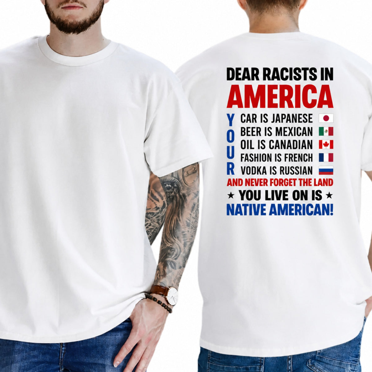 T-shirt reading 'RACISM IS NOT PATRIOTISM' with stylized flag graphics in bold typography