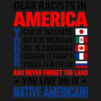 T-shirt reading 'RACISM IS NOT PATRIOTISM' with stylized flag graphics in bold typography
