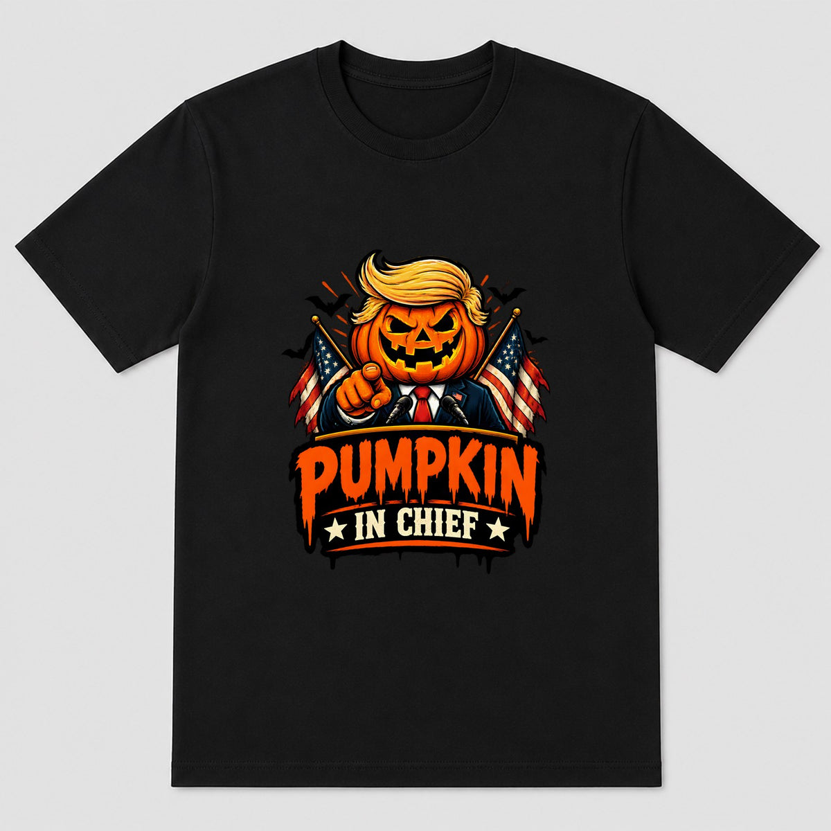 Hand-drawn pumpkin with blond comb-over and the phrase 'Orange Is Not a Personality'