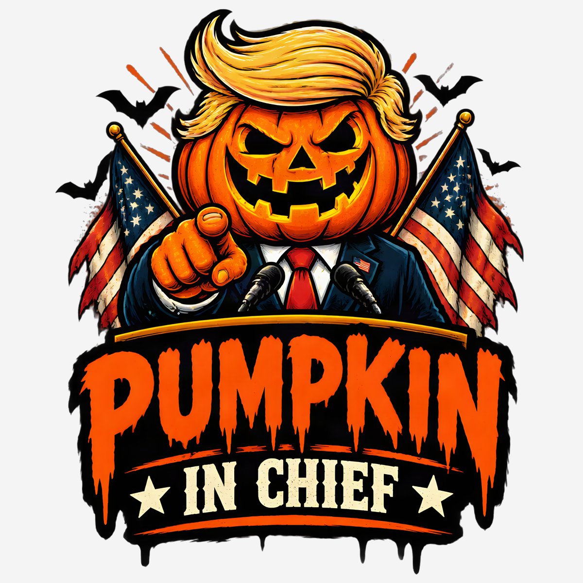 Hand-drawn pumpkin with blond comb-over and the phrase 'Orange Is Not a Personality'