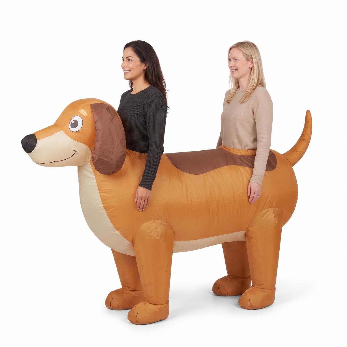 Front view of inflated two-person dachshund costume on white background