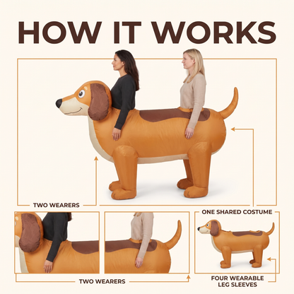 Two adults wearing the inflatable dachshund at a party, laughing