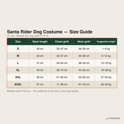 Cosmently Santa Dog Costume — size guide (back length, chest, neck, weight)