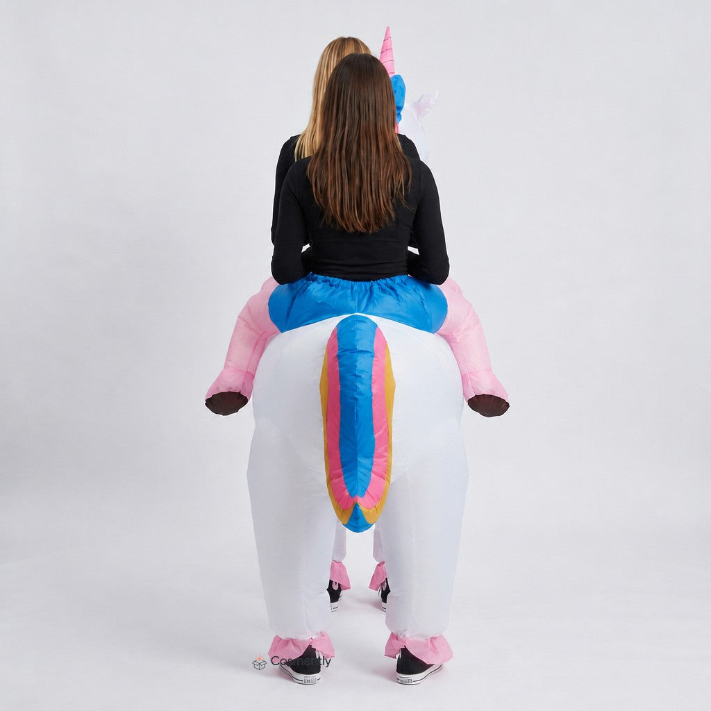 Side view showing two people inside the unicorn costume