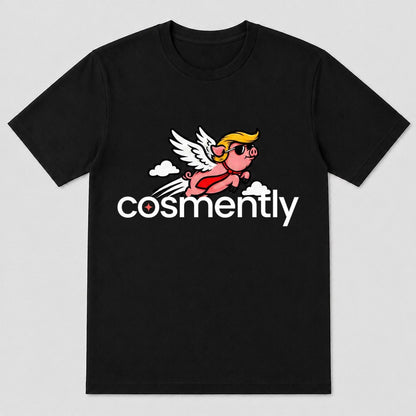 White tee with bold black text: 'What's the difference between Donald Trump and a flying pig? The pig's wings actually w