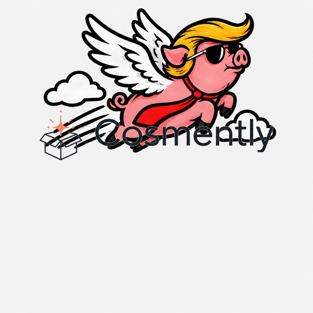 White tee with bold black text: 'What's the difference between Donald Trump and a flying pig? The pig's wings actually w