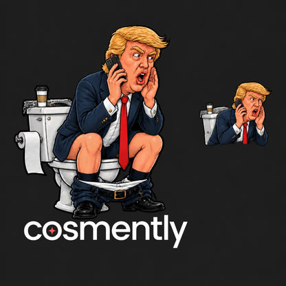 Original caricature of a male politician sitting on a toilet, expressive face, bold line-art t-shirt design