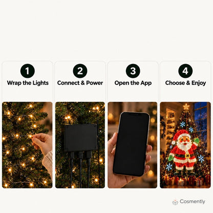 Four setup steps: wrap the lights, connect and power, open the app, choose and enjoy