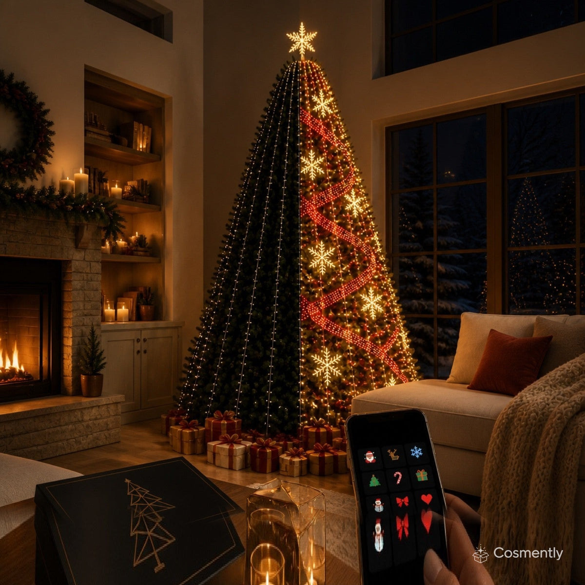 The same tree side by side: plain warm lights on the left, a lit red animated pattern on the right