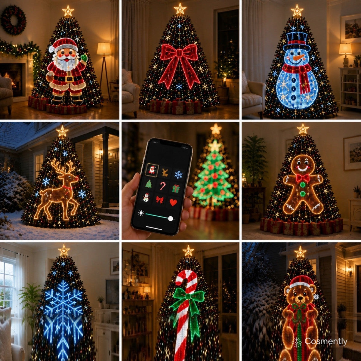 Nine designs shown on real trees: Santa, bow, snowman, reindeer, gingerbread man, snowflake, candy cane and teddy bear, plus the app screen