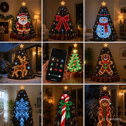 Nine designs shown on real trees: Santa, bow, snowman, reindeer, gingerbread man, snowflake, candy cane and teddy bear, plus the app screen