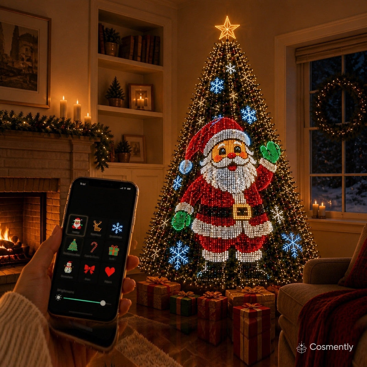 Close-up of the Santa animation on the tree with the app open in hand to switch designs