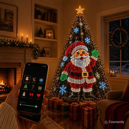 Close-up of the Santa animation on the tree with the app open in hand to switch designs