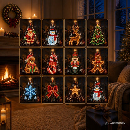 Twelve available designs: Santa, snowman, reindeer, tree, bear, candy cane, nutcracker, gingerbread, snowflake, bow, star and penguin