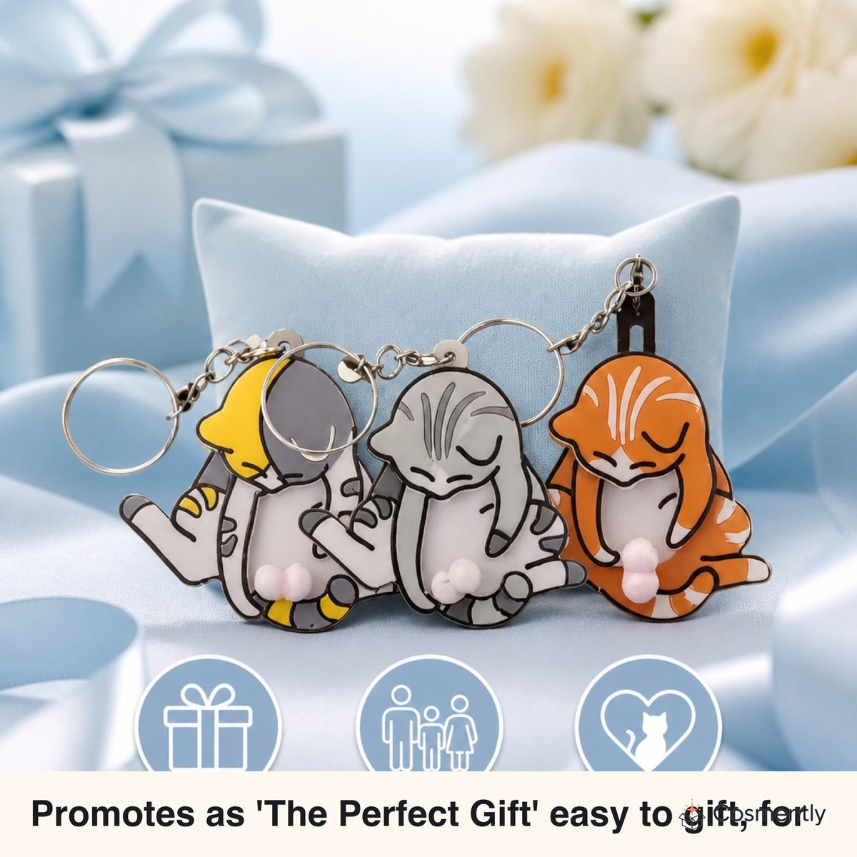 Light gray Mischief Cat keychain clipped to backpack zipper