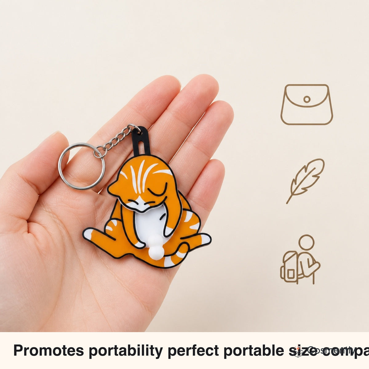 Yellow Mischief Cat keychain in a hand, showing size