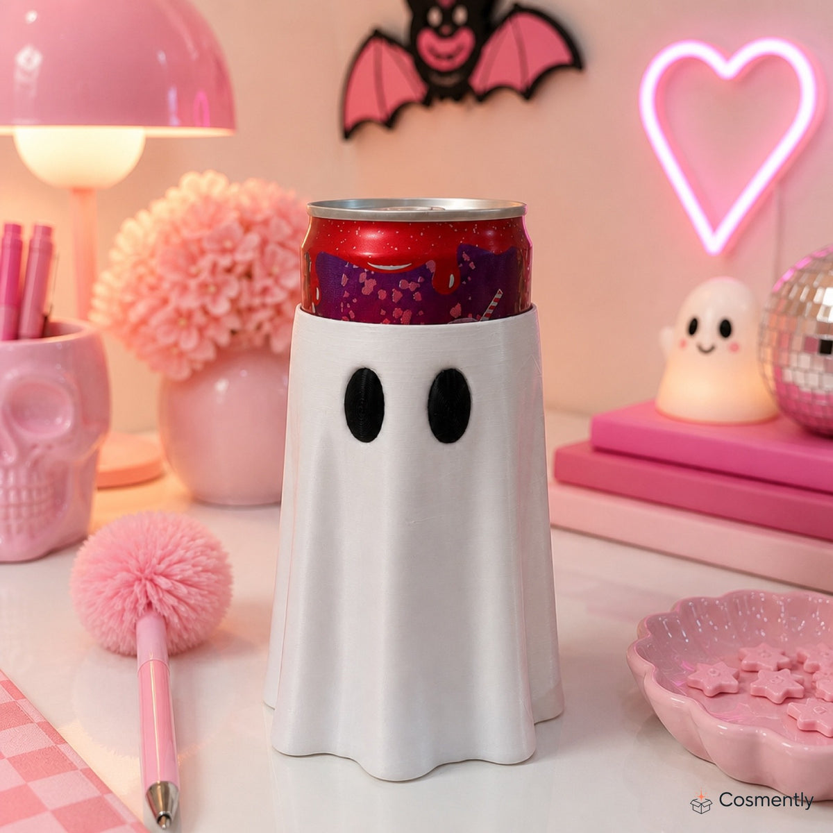 White ghost can cooler holding a 12 oz soda front view