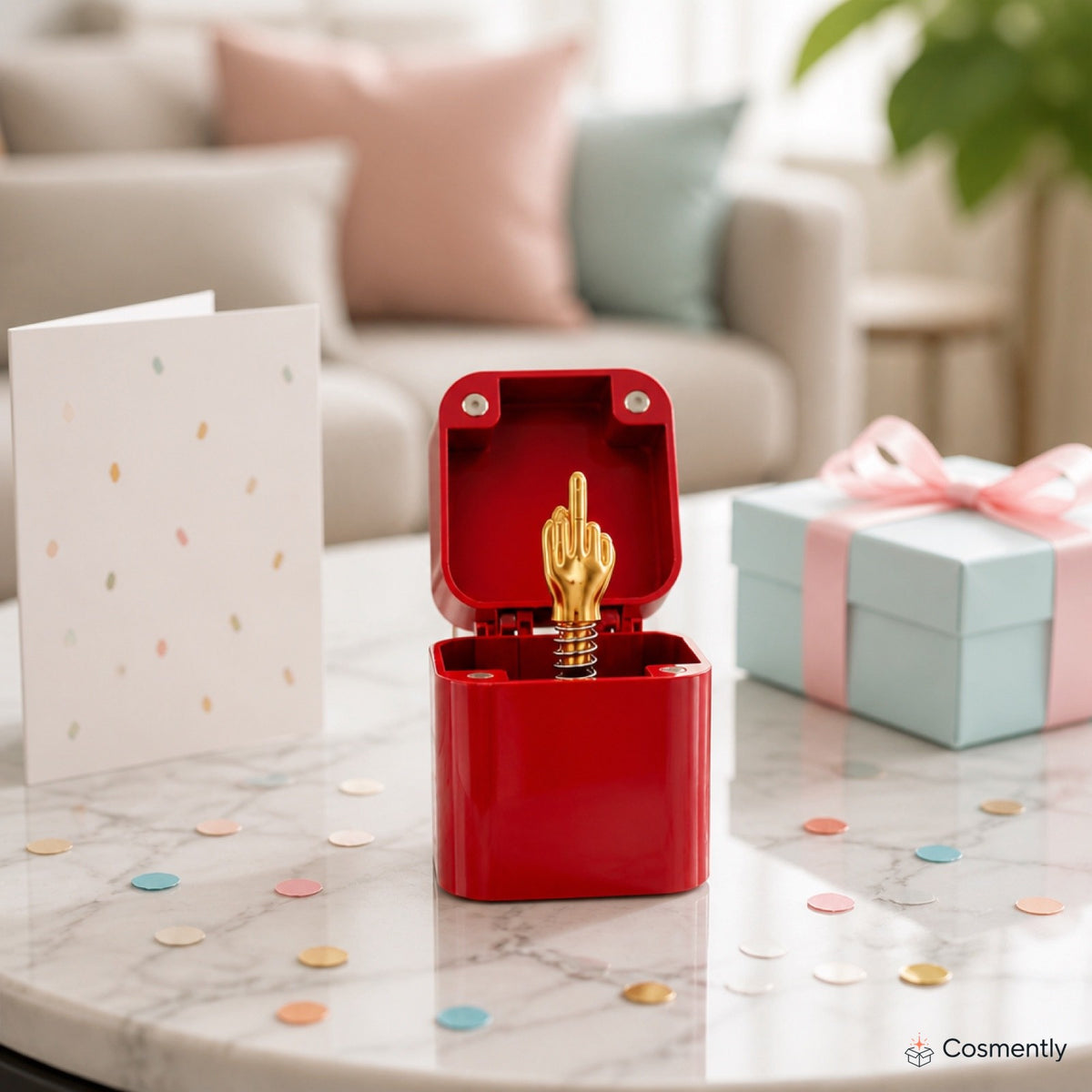 Prank box — red on a birthday table