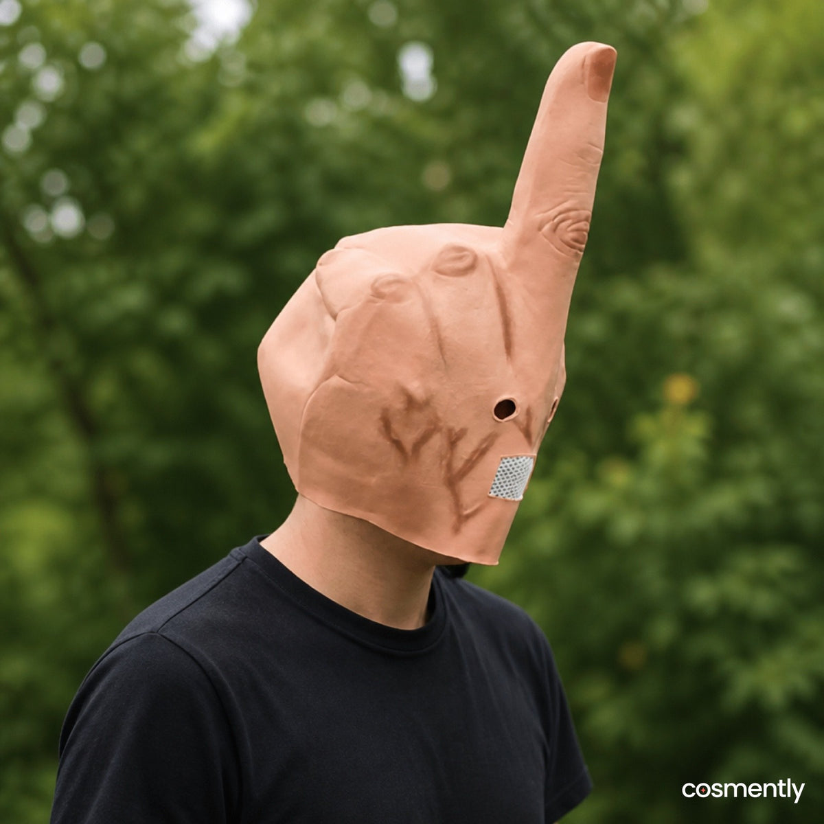 Person wearing mask laughing at party