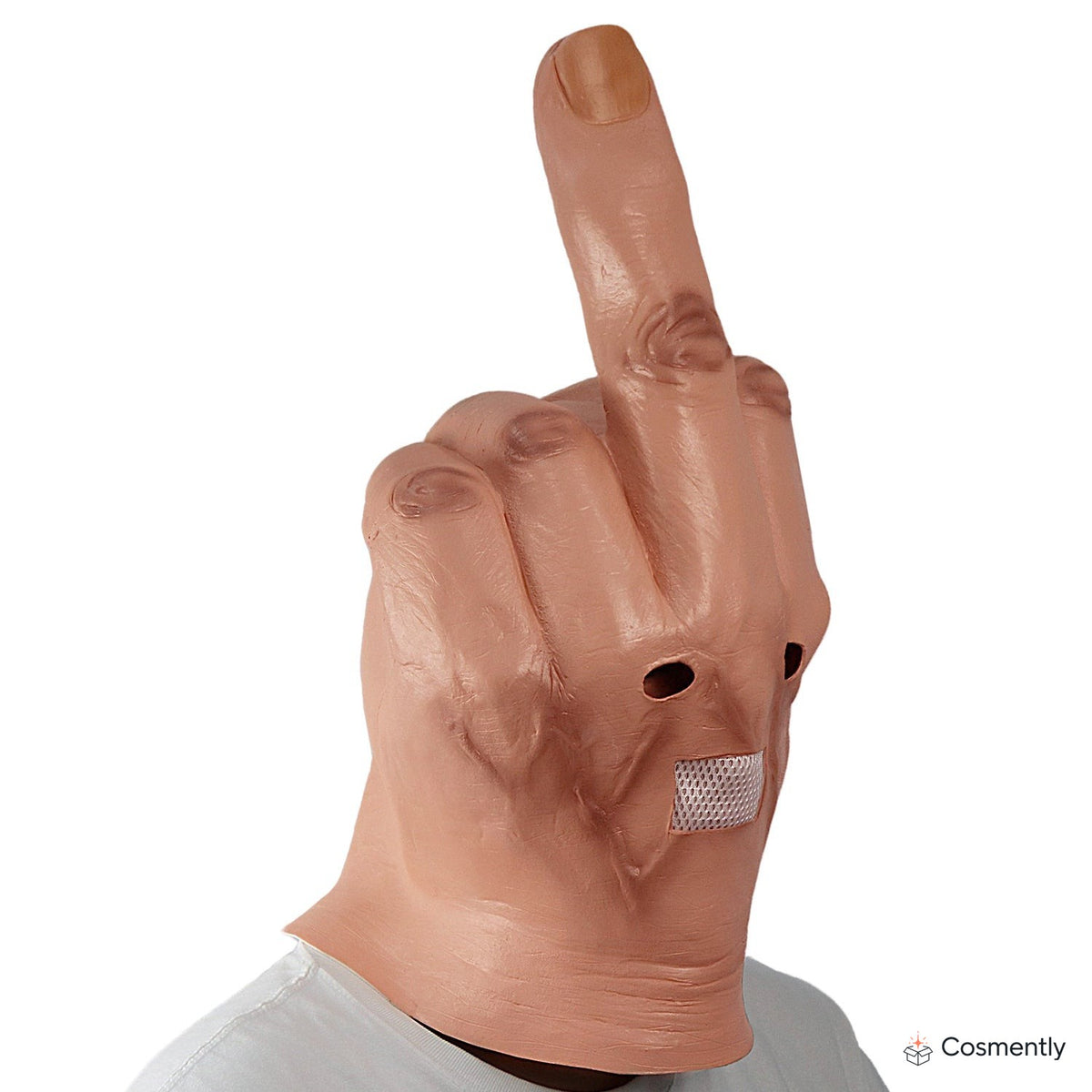 Hand holding mask to show scale