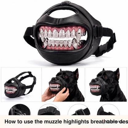 Dog wearing grill-style muzzle front view