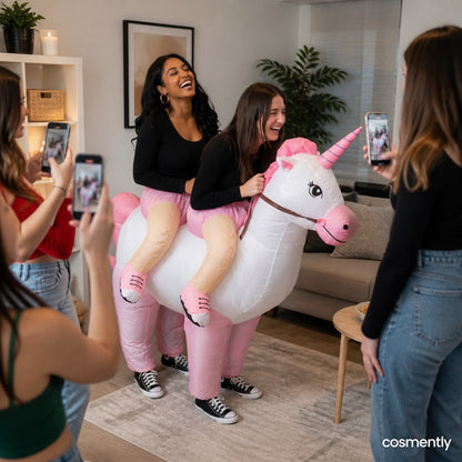 Couple posing for photos in the inflatable unicorn
