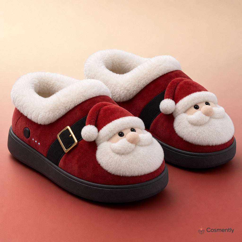 Front view Santa heated slippers plush red white trim
