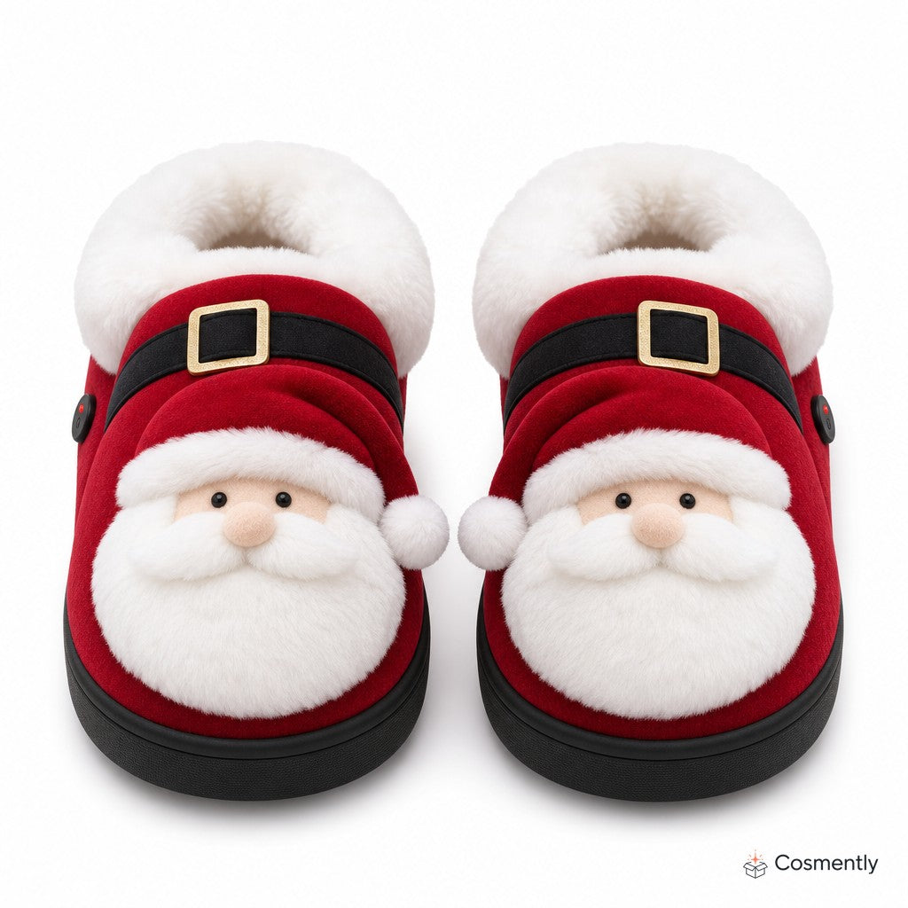 Slippers on feet by a holiday rug