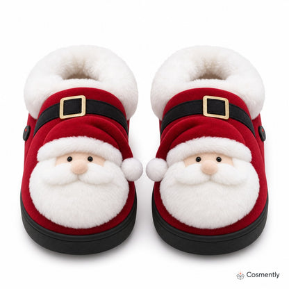 Slippers on feet by a holiday rug