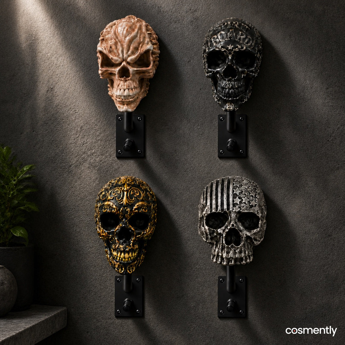 Front view of skull helmet dock mounted on wall