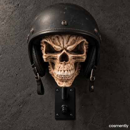 Skull dock holding a full-face motorcycle helmet and jacket