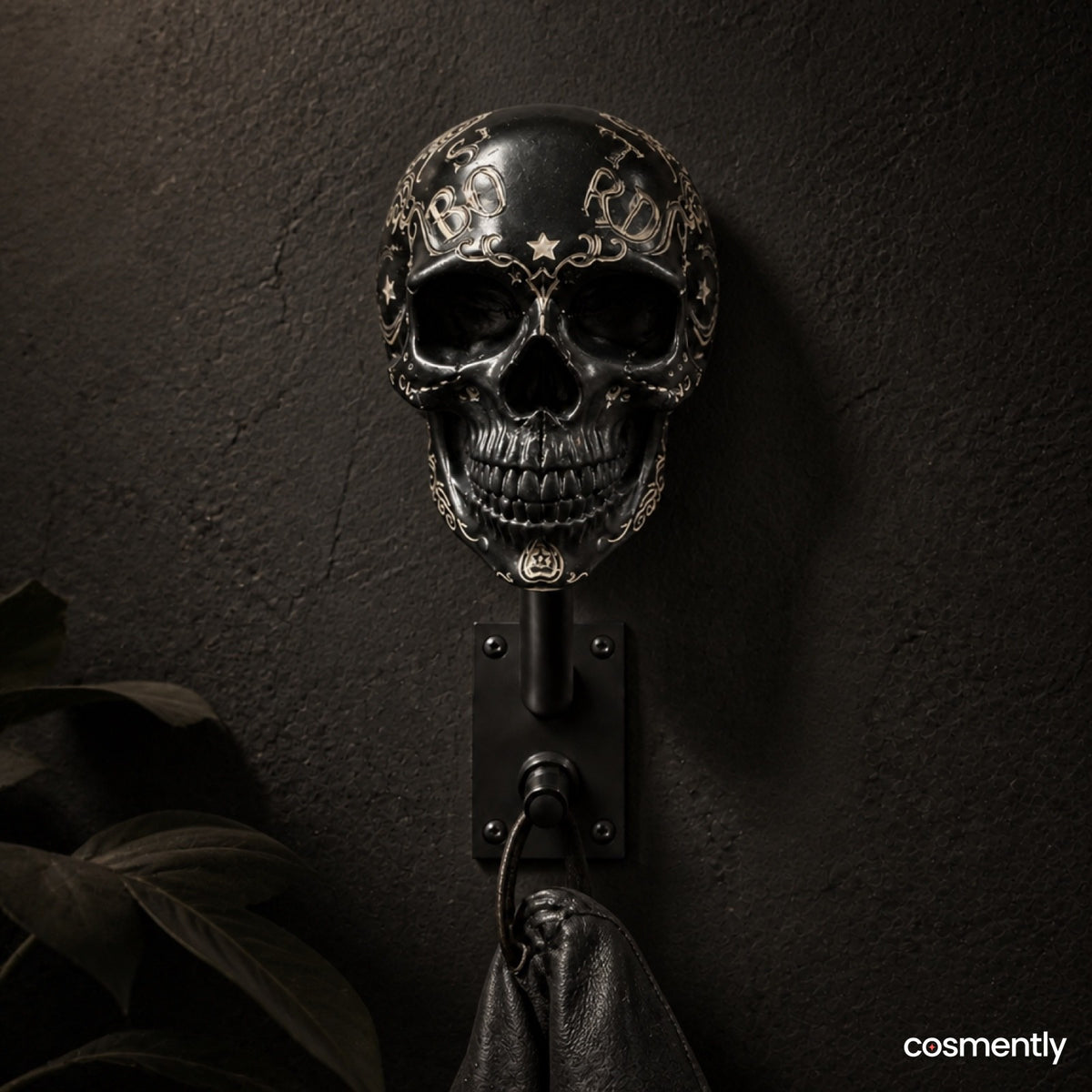 Skull dock in a garage man-cave setting