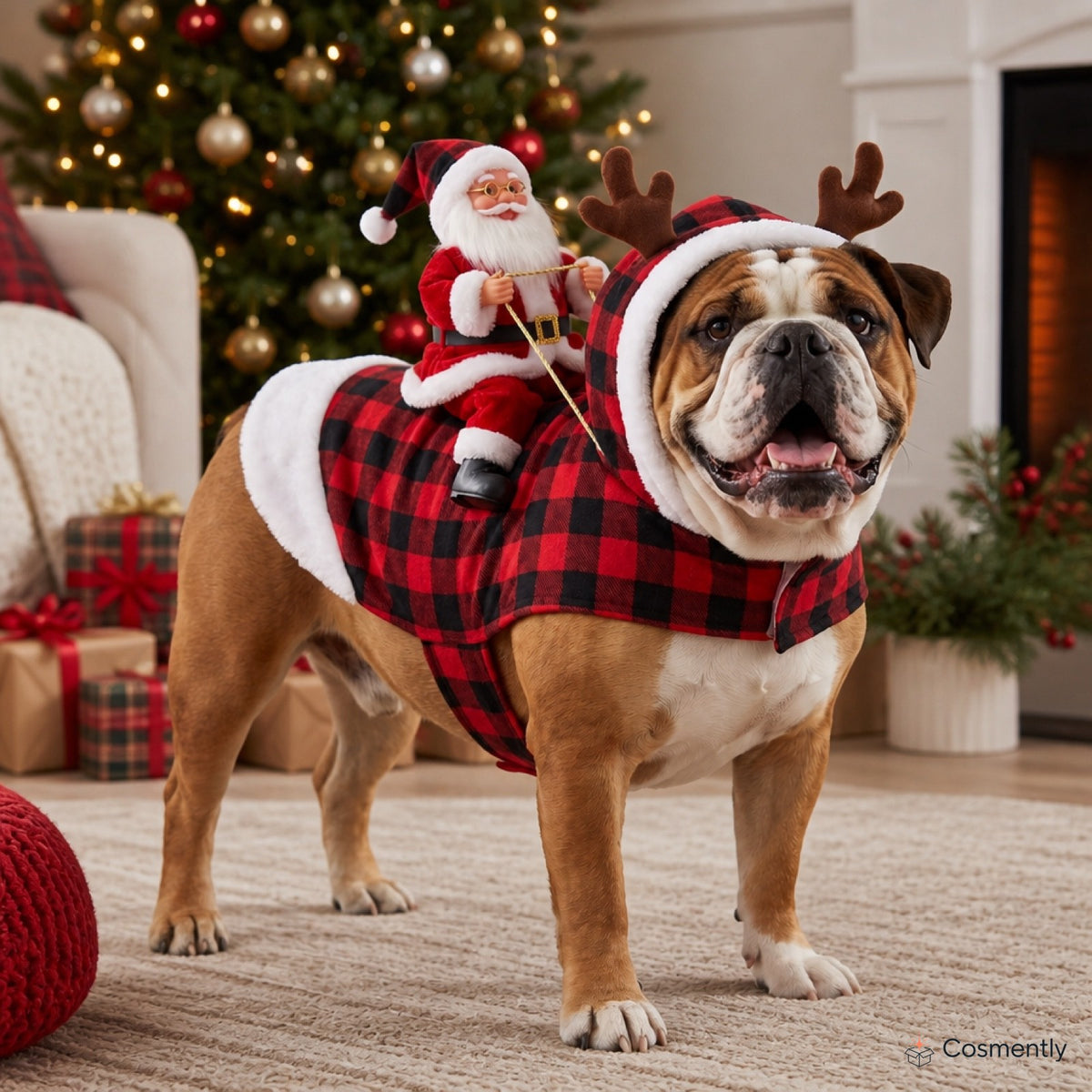Close-up of faux-fur trim and jingle bell