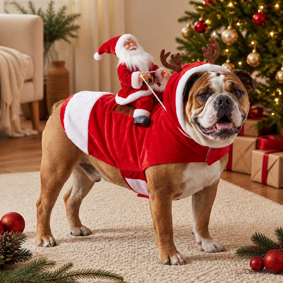 Small dog wearing Buffalo Plaid Cosmently Santa costume